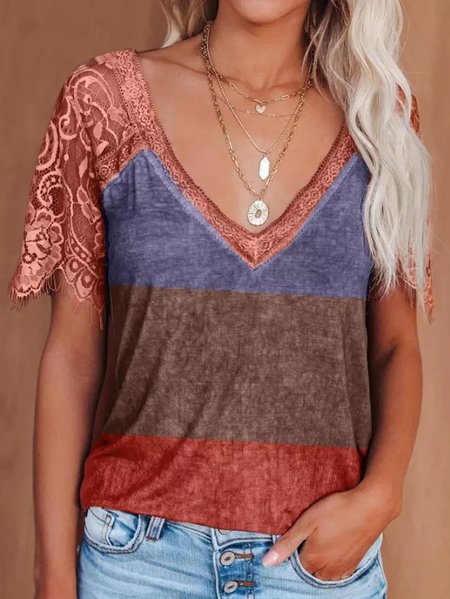 

Casual V Neck Guipure See-through Short Sleeve Tops, Red, T-Shirts