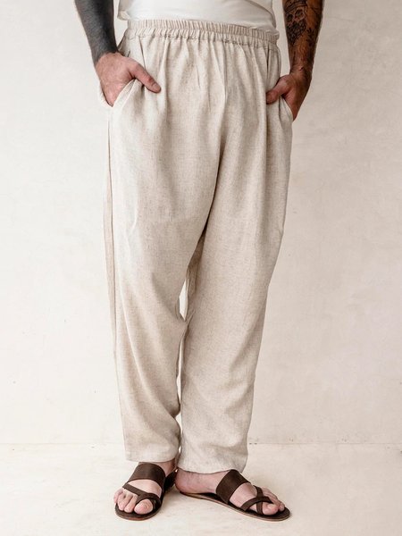 

Men's Cotton Linen Elastic Waist Casual Trousers, Apricot, Pants