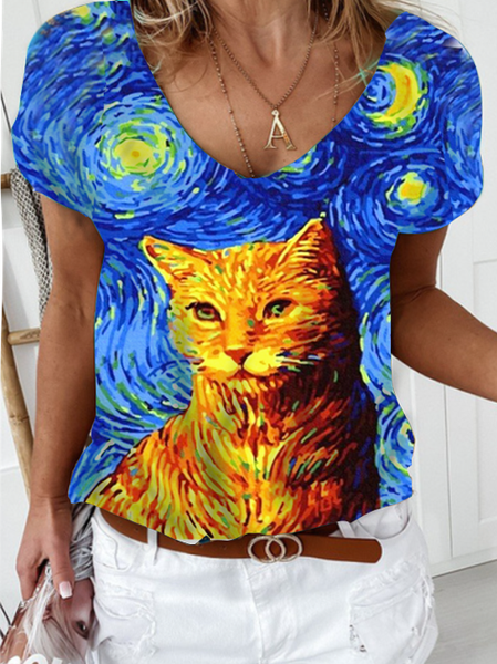 

Vintage V Neck Abstract Short Sleeve Tops, Blue, T-Shirts