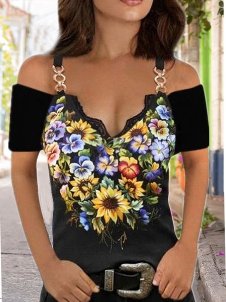 

Romantic Floral Casual Boat Neck Regular Fit Short Sleeve T-Shirt, Black, T-Shirts