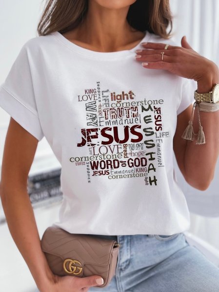 

Crew Neck Letters Printed Short Sleeve T-Shirt, White, T-Shirts