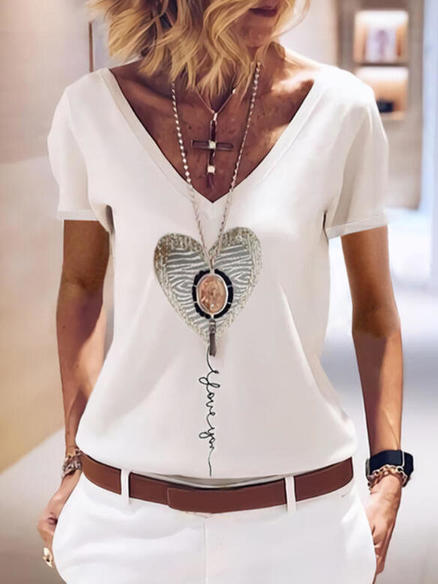 

Heart Cotton V Neck Short Sleeve Tops, White, T-Shirts