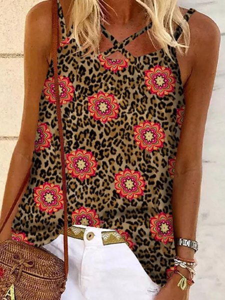 

Casual Floral Cross Front Sleeveless Loosen Woven Tank, As picture, Tank Top