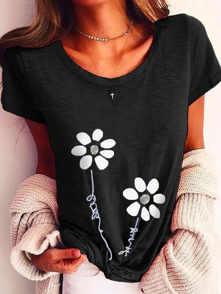 

Casual Floral Loosen Short Sleeve T-Shirt, Black, T-Shirts