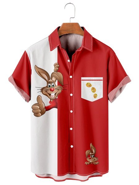 

Mens Easter Bunny Rabbit Print Loose Chest Pocket Short Sleeve Hawaiian Shirts, Red, Shirts ＆ Blouse