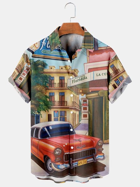 

Men's Car Print Casual Vacation Short Sleeve Hawaiian Shirt, Red, Men's Floral shirt