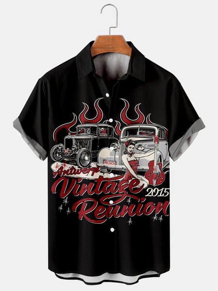 

Men's Racing Print Casual Short Sleeve Breathable Hawaiian Shirt, Black, Men's Floral shirt