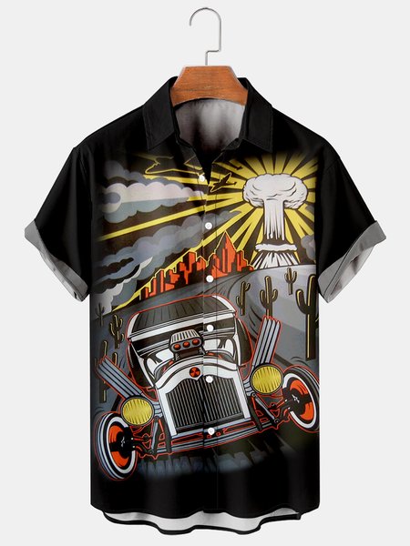 

Men's Car Print Casual Vacation Short Sleeve Hawaiian Shirt, Black, Men's Floral shirt