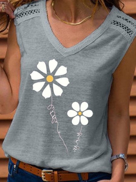 

Casual Floral Sleeveless V Neck Plus Size Printed Tank Top Vests, Gray, Tank Top