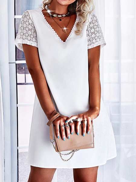 

V Neck Guipure Hollow Out women Dress, White, Dresses