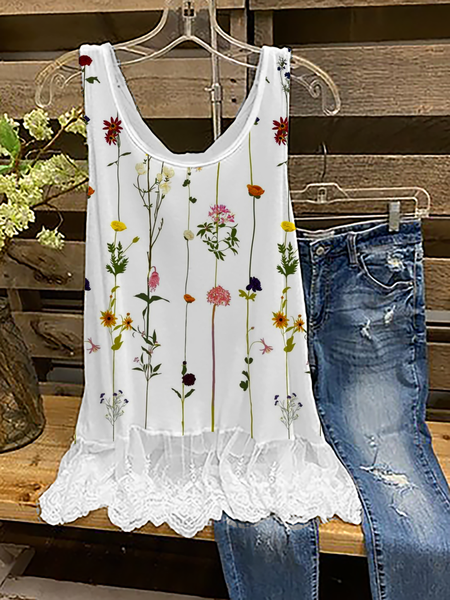 

Casual Crew Neck Floral Knit Tank, White, Tank Top