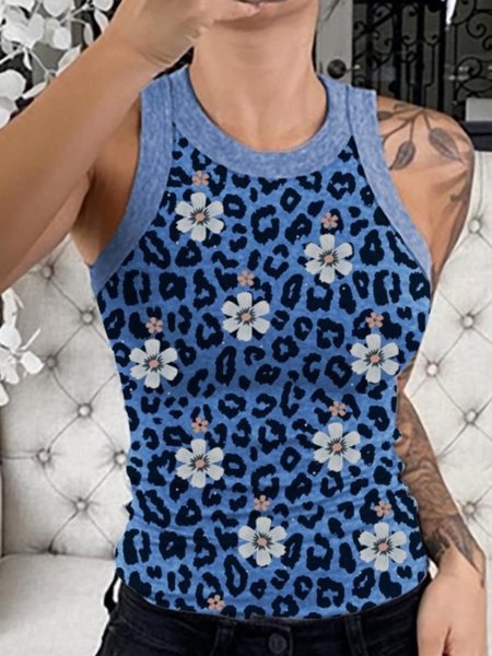 

Casual Floral Sleeveless Round Neck Plus Size Printed Tank Top Vests, Blue, Tank Top