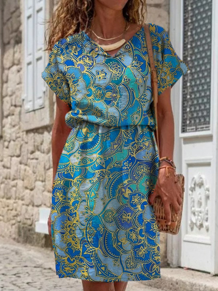 V Neck Shirt Sleeve Cotton Blends Short Sleeve Mandala Flower Woven Dress, Green, Dresses