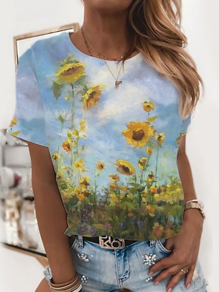 

Casual Floral Printed Short Sleeve T-Shirt, Blue, T-Shirts