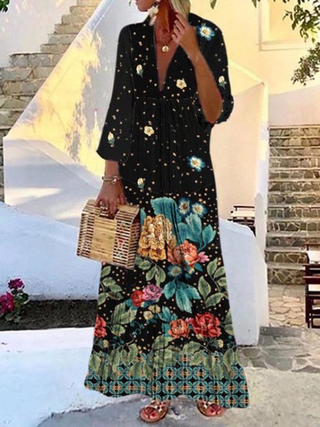 

Casual Long Sleeve Floral Printed Women Dress, Black, Maxi Dresses