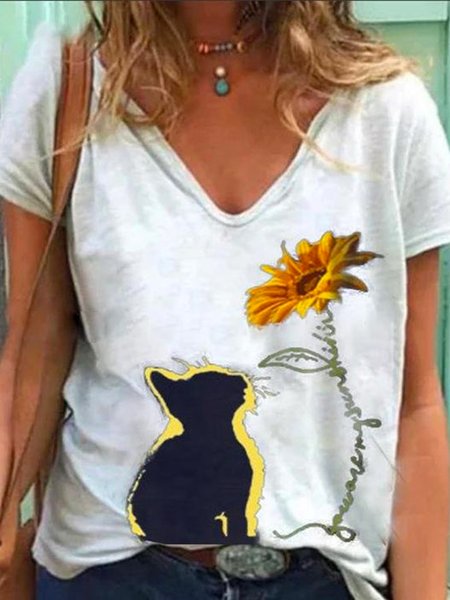 

Floral Animal Printed Casual Loosen V Neck Short Sleeve T-Shirt, White, T-Shirts