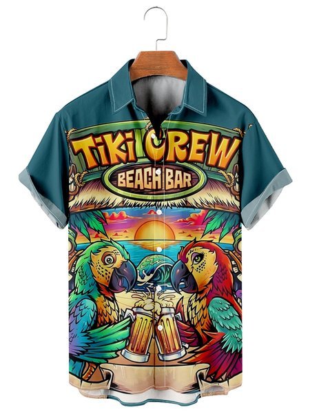 

Mens Aloha Parrots Print Round Hem Loose Short Sleeve Hawaiian Shirts, Blue, Men's Floral shirt