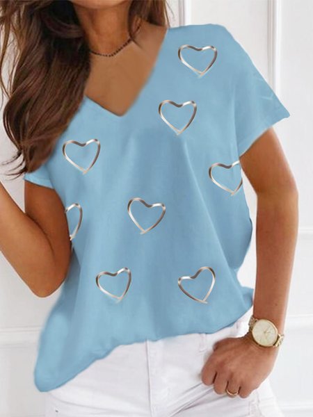 

JFN V Neck Lace Puff Sleeves Daily Shirt, Blue, T-Shirts