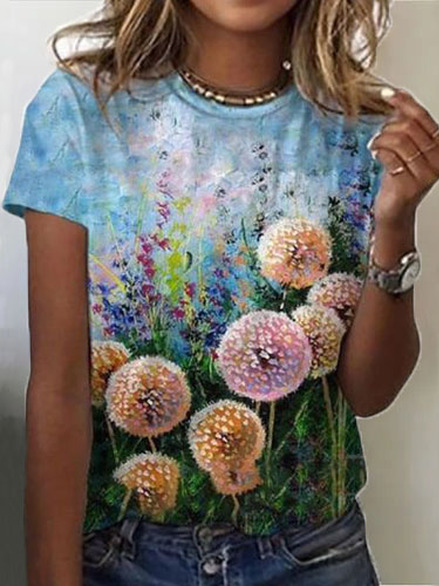 

Floral Crew Neck Casual Cotton Blends Short Sleeve Tops, Multicolor, T-Shirts