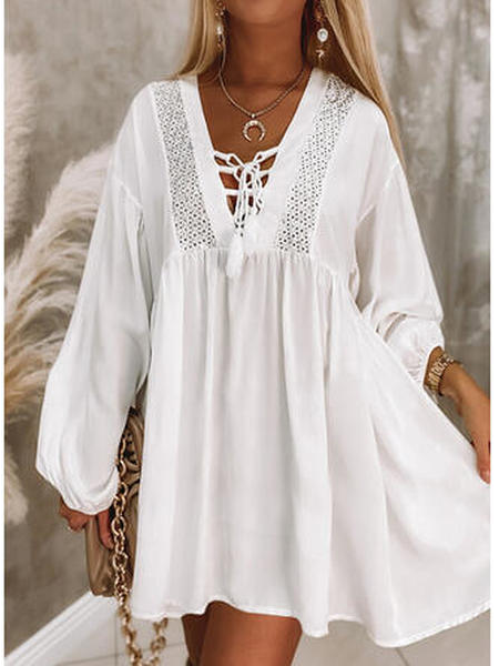 

Plain Vacation Long Sleeve Women Dress, White, Mini Dresses