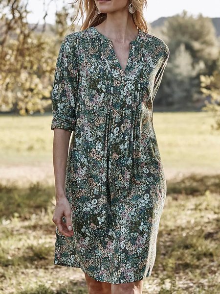 

Casual V Neck Loosen Short Sleeve Woven Dress, Green, Midi Dresses