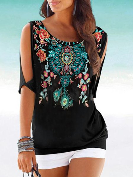 

Boho Tribal Loosen Short Sleeve T-Shirt, Black, T-Shirts
