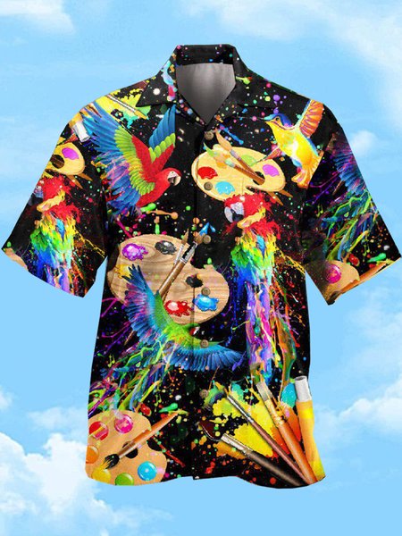 

Mens Art Painting Print Casual Breathable Short Sleeve Shirt, Black, Men's Floral shirt