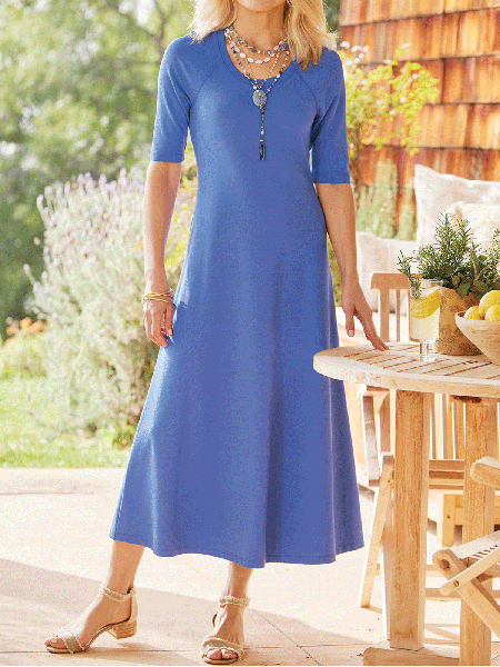 

U-Neck Solid Regular Fit Short Sleeve Knit Dress, Blue, Midi Dresses
