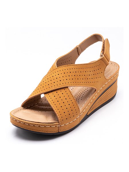 

JFN Casual Vacation Cutout Breathable Velcro Wedge Sandals, Golden, Flats