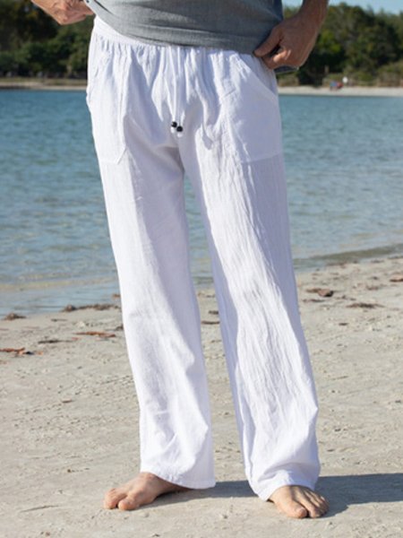 

Men's Solid Color Cotton Linen Casual Trousers, White, Pants