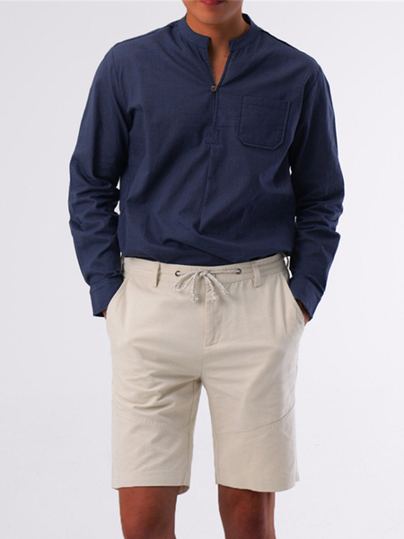 

Cotton Linen Style Solid Color V-Neck Men's Slim Fit Long Sleeve Pullover One Button Shirt, Navyblue, Men's Floral shirt