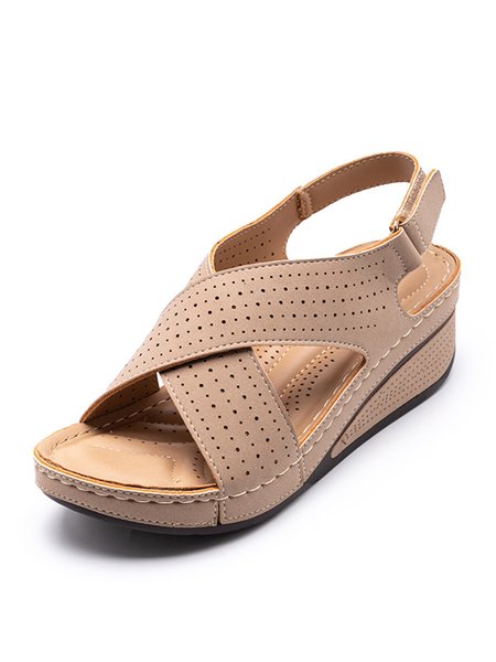 

JFN Casual Vacation Cutout Breathable Velcro Wedge Sandals, Apricot, Flats