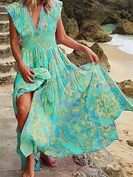

Boho Floral V Neck Short Sleeve Women Dress, Green, Maxi Dresses