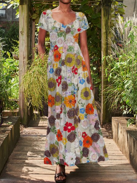 

FLoral Printed Short Sleeve Knit Dress, Multicolor, Dresses