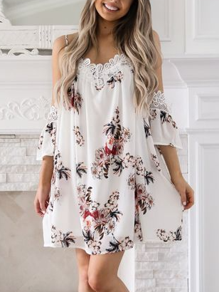 

Floral Loosen V Neck Short Sleeve Woven Dress, White, Floral Dresses