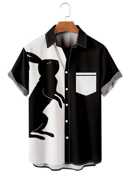 

Mens Easter Bunny Rabbit Print Loose Chest Pocket Short Sleeve Bowling Shirts, Black, Men's Floral shirt