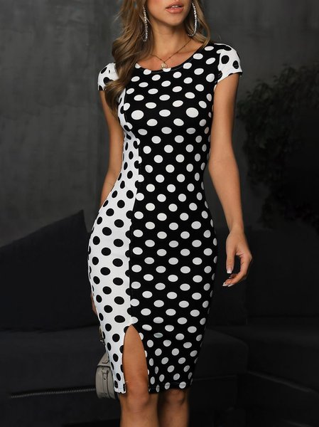 

Simple Polka Dots Fitted Knit Dress, Black-white, Midi Dresses