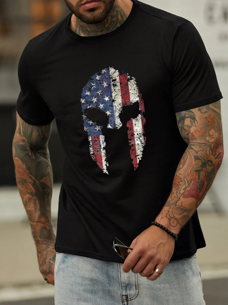 

American Flag Viking Head Print Men's Casual Short Sleeve T-Shirt, Black, Men's t-shirts