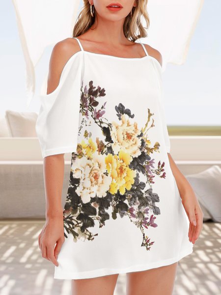 

Floral Loosen Spaghetti Short Sleeve Woven Dress, White, Dresses