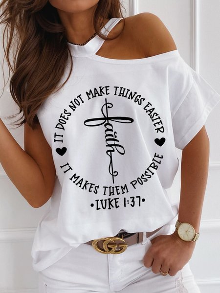 

Casual Short Sleeve Letters Printed Tops, White, T-Shirts