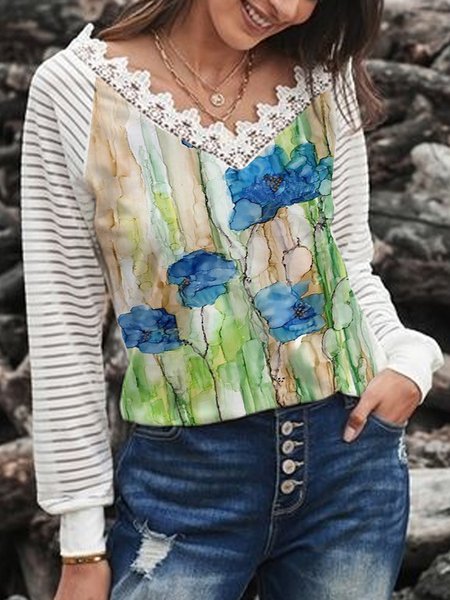 

Landscape Print Floral Striped Cotton Blends Long Sleeve Tops, Multicolor, Long sleeve tops