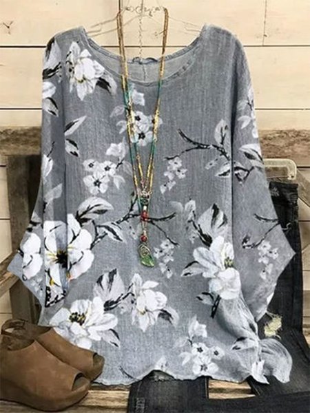 

Floral 3/4 Sleeves Crew Neck Plus Size Casual Tops, Gray, Tops