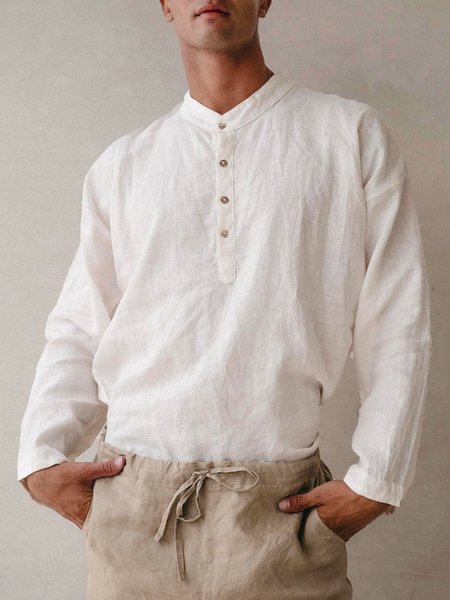 

Men's Cotton Linen Stand Collar Half Open Long Sleeve Shirt, White, Blouses&Shirts