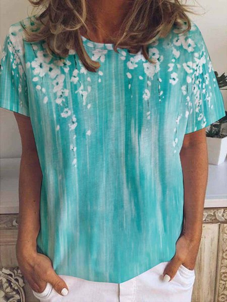 

Casual Abstract Floral Print Crew Neck T-Shirt, Blue, T-shirts