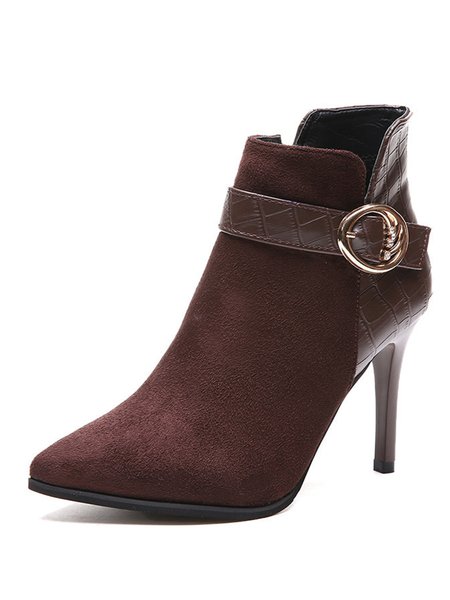 

Metal Buckle Crocodile Pattern Stitching Velvet Ultra-fine Heel Ankle Ankle Boots, Coffee, Boots