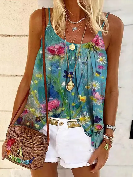 

Floral U-Neck Casual Sleeveless Woven Tank, Blue, Tanks & Camis