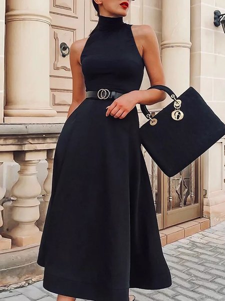 

Solid Elegant Sleeveless Swing Midi Dress, Black, Maxi Dresses