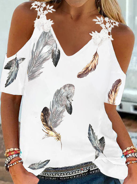 

Plus size V Neck Short Sleeve Feather Printed T-Shirt, White, T-Shirts