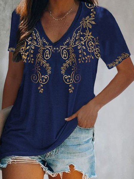 

Casual Floral Printed V Neck Loosen Tunic Short Sleeve T-Shirt, Flower, T-Shirts