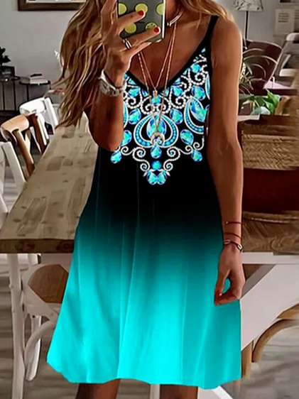 

Cotton Blends V Neck Ethnic Short Sleeve Knit Dress, Multicolor, Dresses